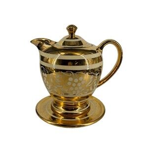 Sadler Teapot & Under plate/Coaster Gold Ivory Striped Grapes Set
